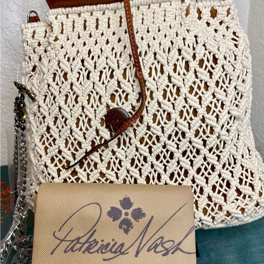 NWTs PATRICIA Nash Crochet purse bag chain strap & Dustbag leather handles trim